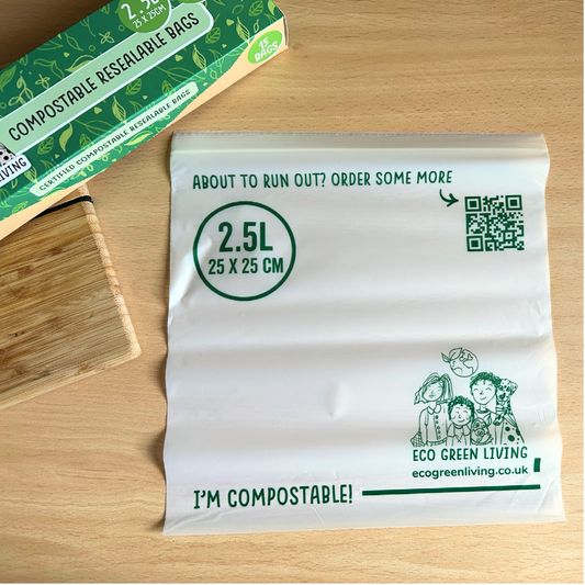 Plastfri poser, Komposterbare 2,5L gjenlukkbare poser – plastfrie, miljøvennlige og nedbrytbare-Front bilde av nedbrytbare pose med gjenlukkbar åpning-the organic way.