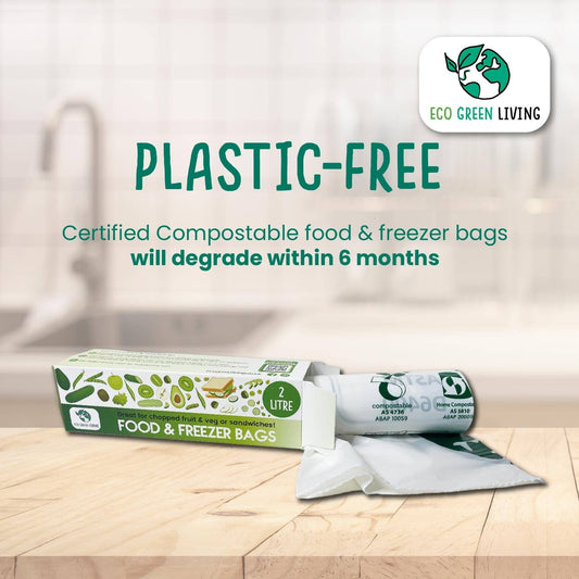 Sertifiserte mat- og fryseposer som er 100%kompostbare, sterke og varer lenge og selvfølgelig helt matsikre-Frontbilde av kompostbare mat og fryseposer som er eco green/økologisk grønne poser, naturlig og miljøvennlig produkt fri for mikroplast og andre farlige stoffer-The organic way