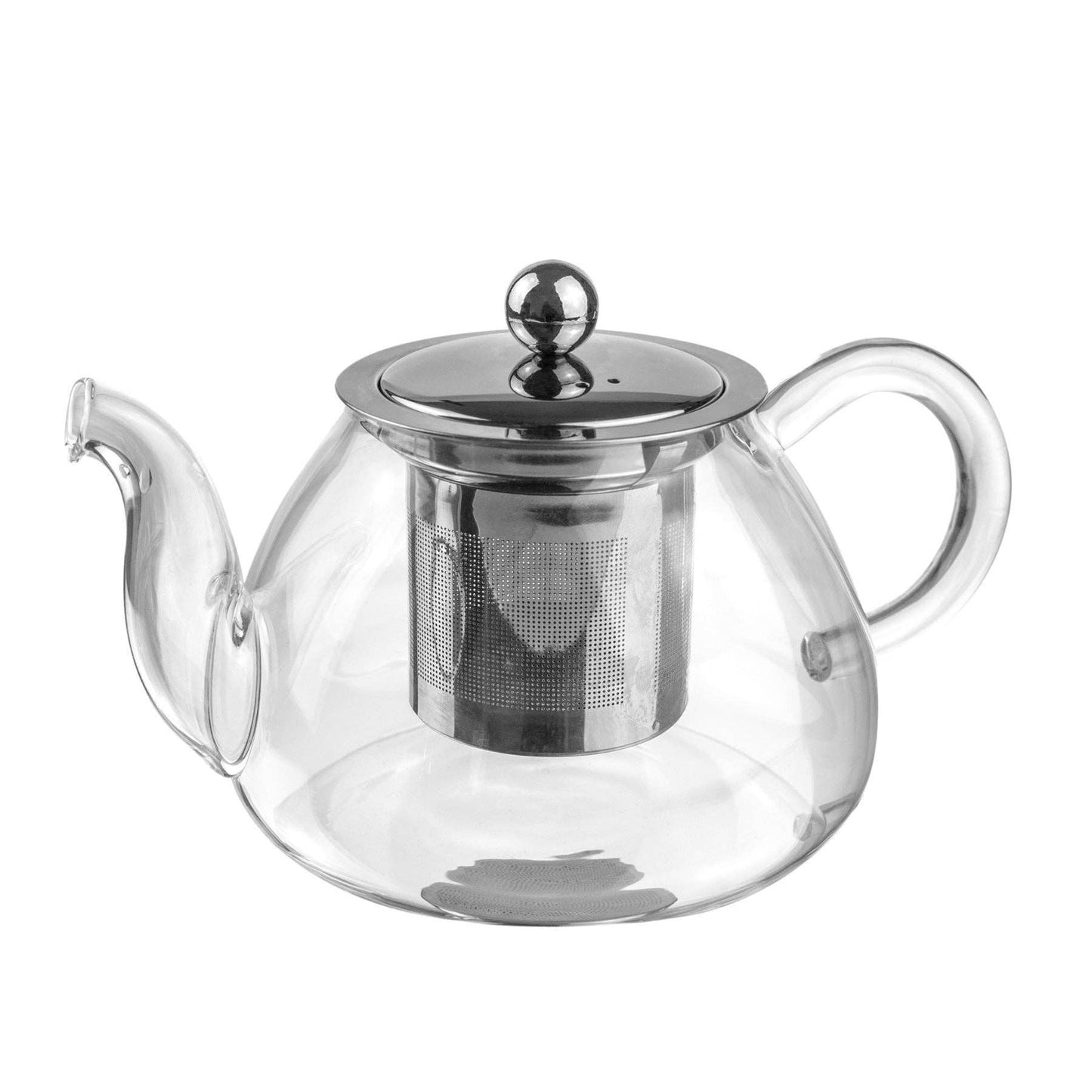 Gjennomsiktig tekanne av glass med sil i metall fra argon tableware-Frontbilde av tekanne i glass med infuser/sil i metall for bladurter og annen te. stilren, moderne og bærekraftig valg for te drikkere.