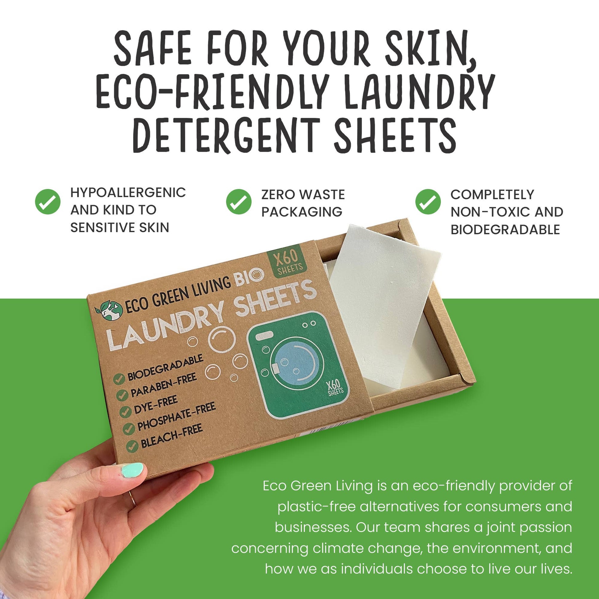 eco friendly vask med vaskeark uten lukt,farge,parabener, fosfater og blekemidler, senisitv hud og hypoallergene-frontbilde av vaskeark med informasjon om hvorfor de er bra for deg og din vask-the organic way