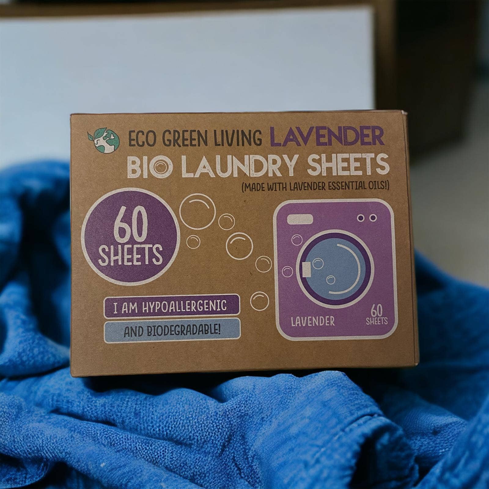 Vaskeark for hyper allergiske, helt nedbrytbare og giftfrie, bra for havet og reduserer plastforurensing, kraftige-frontbilde av en eske med miljøvenlige vaskeark 60pakkning. 